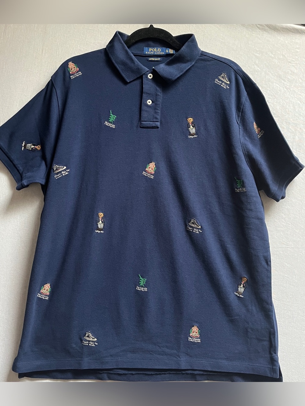 Polo Ralph Lauren All Over Embroidered Bear Custom Slim Fit Polo Shirt XL Cotton